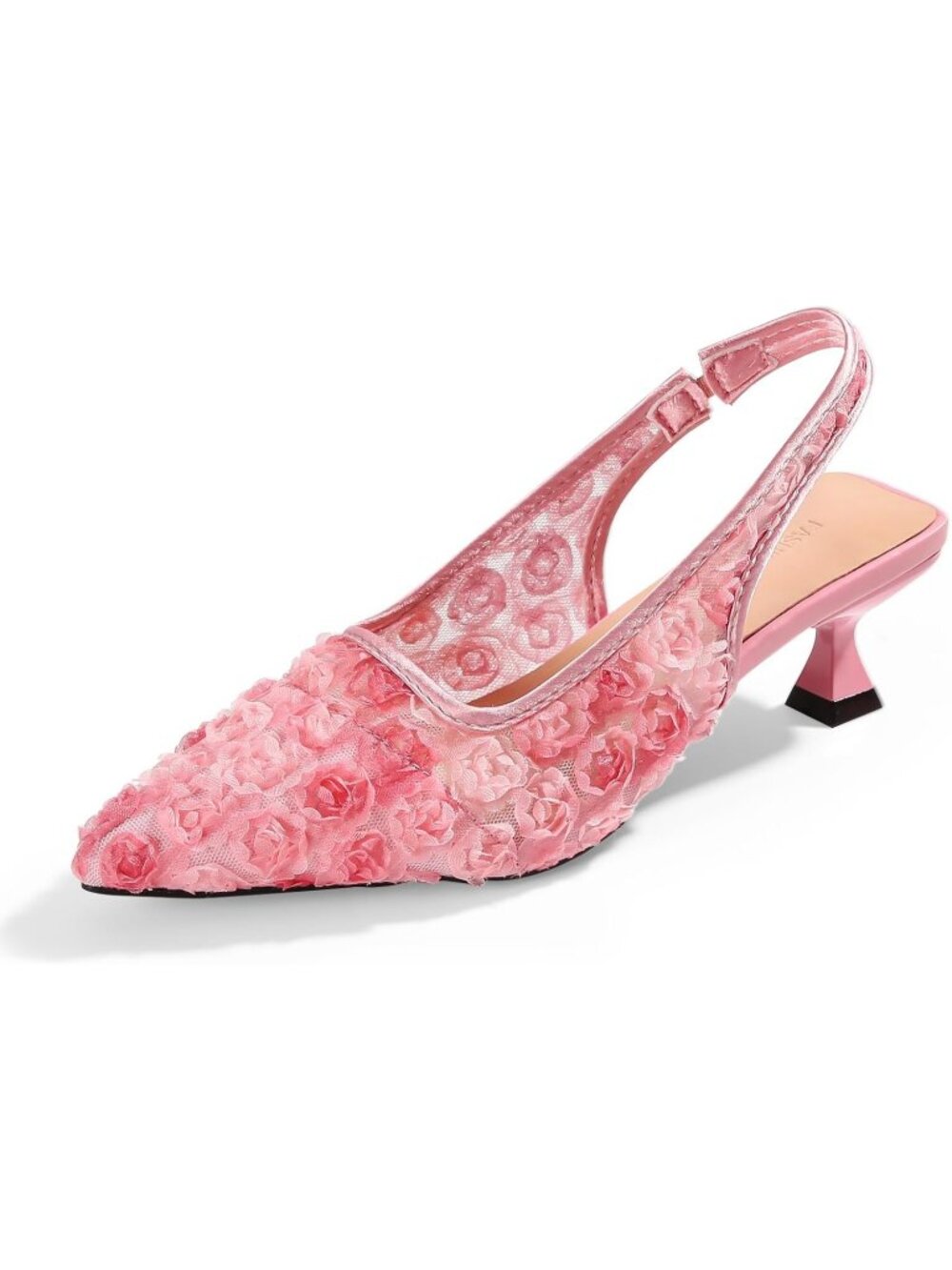 Women's Pink Pointed Toe Floral Mesh Slingback Low Heel Formal Lace Kitten Heels